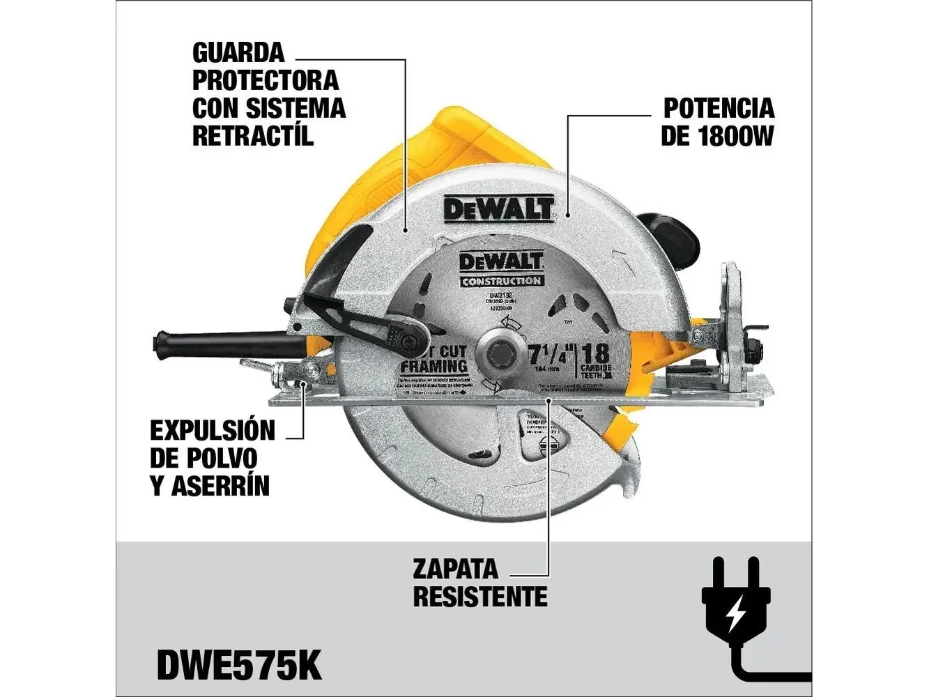 Foto 4 de Sierra Circular 7-1/4 1800w Dewalt Dwe575k-b2c Color Amarillo/Negro