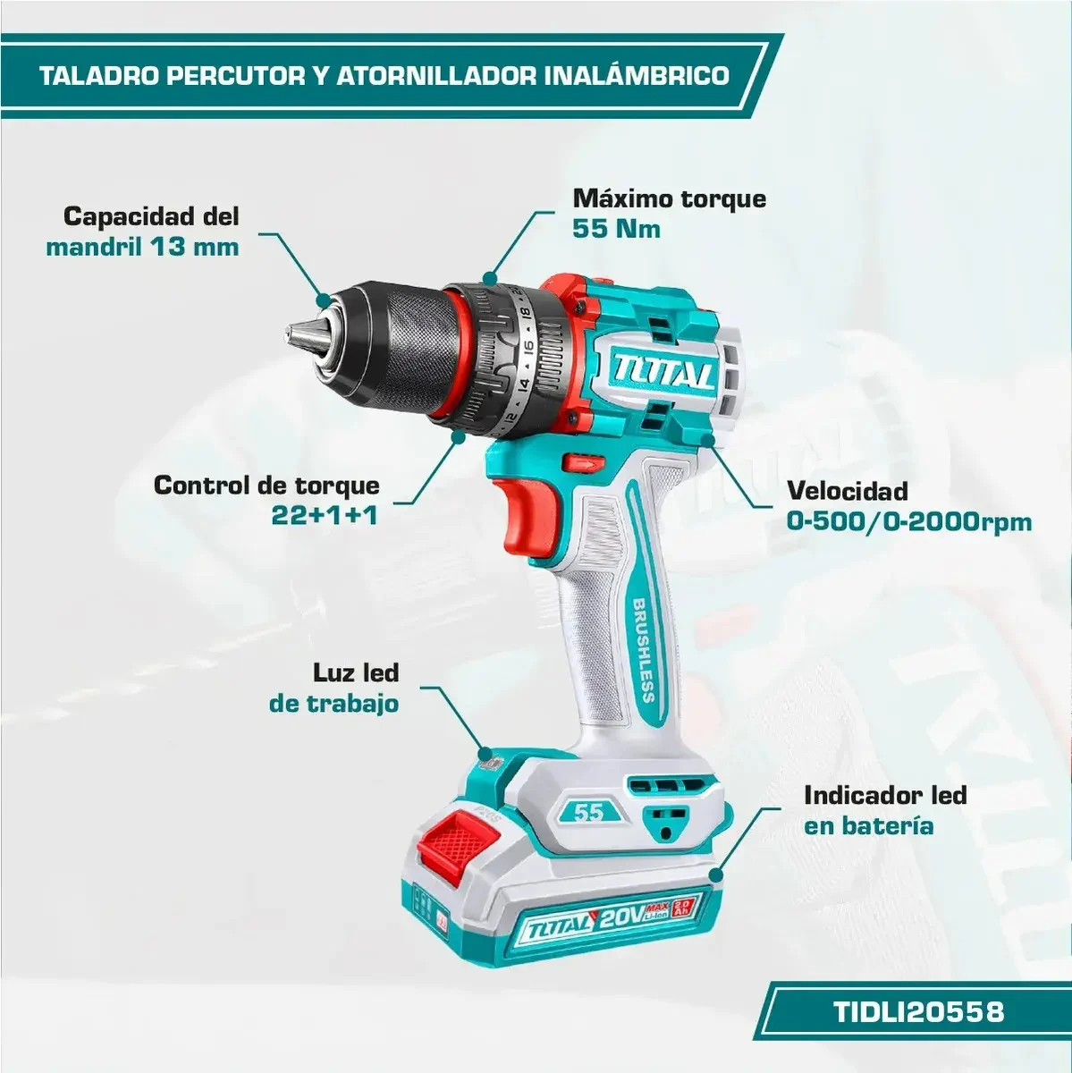 Foto 4 de Taladro Percutor Y Atornillador Inalámbrico Total, Industrial, Motor Sin Carbones - Mandril 13mm, 55nm - Con 2 Baterías 2.0ah Litio-ion, Cargador, Maletín, Mechas Y Puntas - Tidli20558